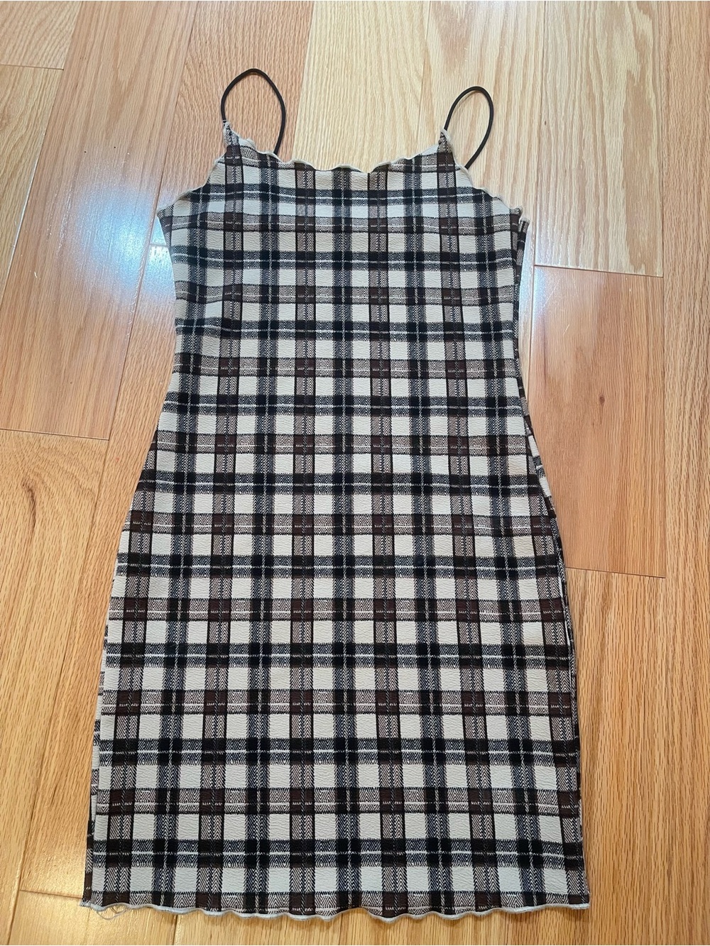 Plaid Spaghetti-Strap Mini Dress in Black & Cream